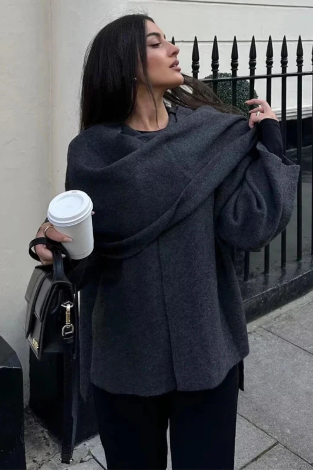 Aldemond Women’s Wool Blend Open Front Coat with Scarf Collar