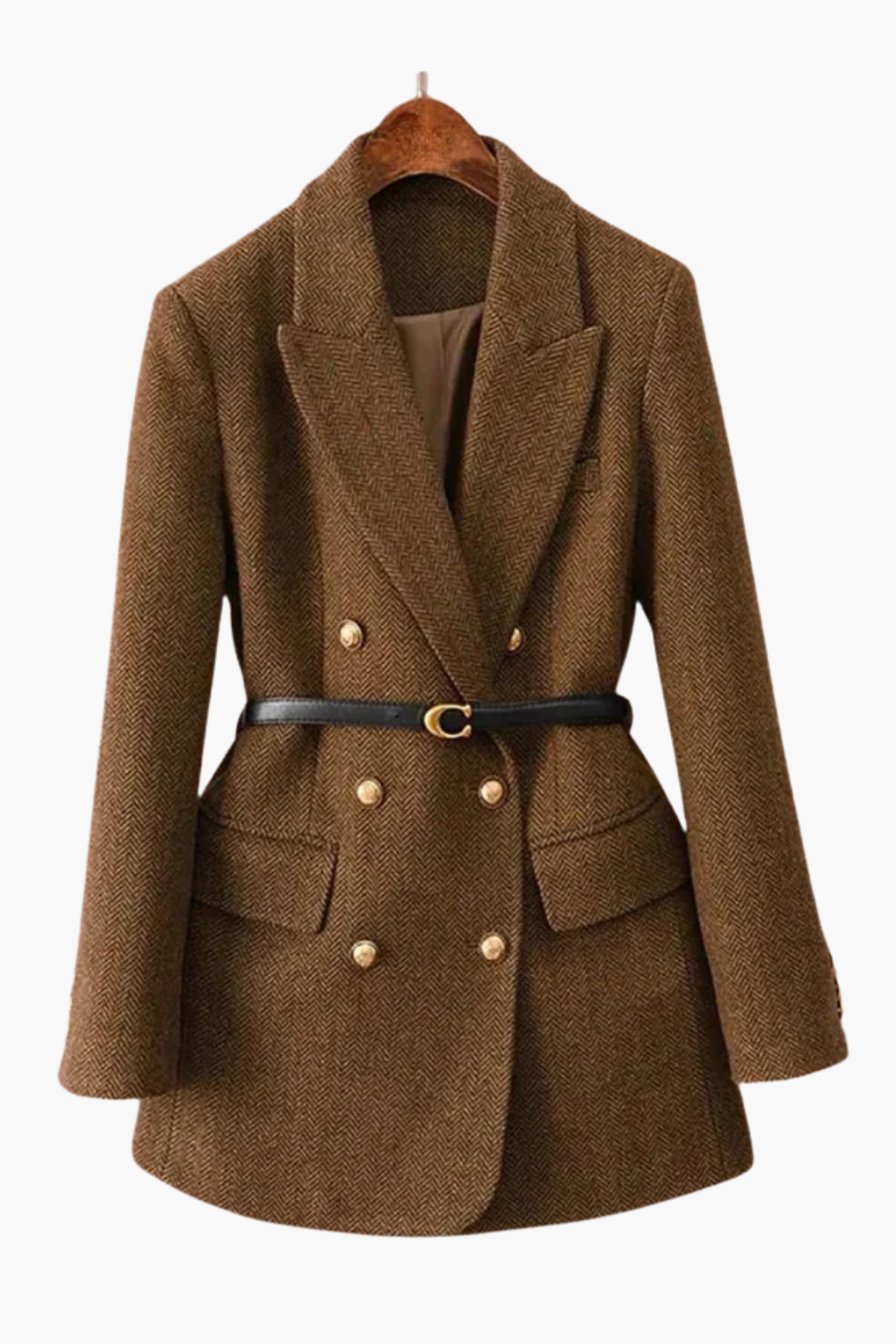 Aldemond Women’s Long Wool Blend Double-Breasted Blazer Coat with Belt