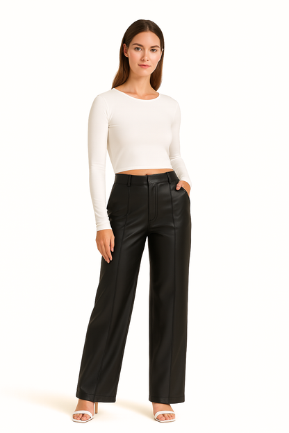 Aldemond Women’s High Waist Straight PU Leather Pants