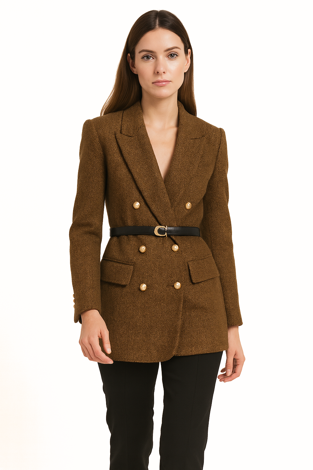 Aldemond Women’s Long Wool Blend Double-Breasted Blazer Coat with Belt