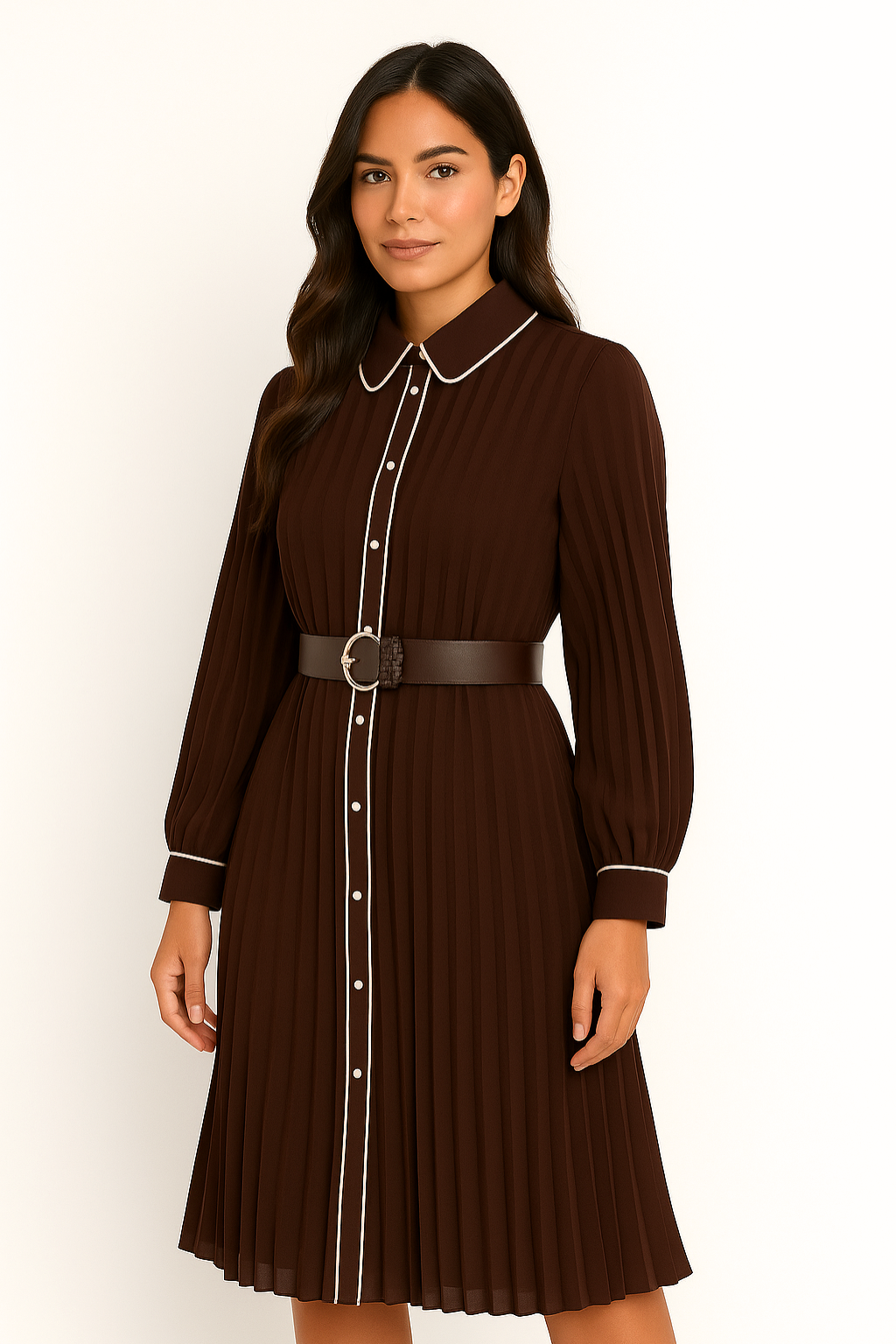 Aldemond Women’s Long Sleeve Belted A-Line Midi Dress